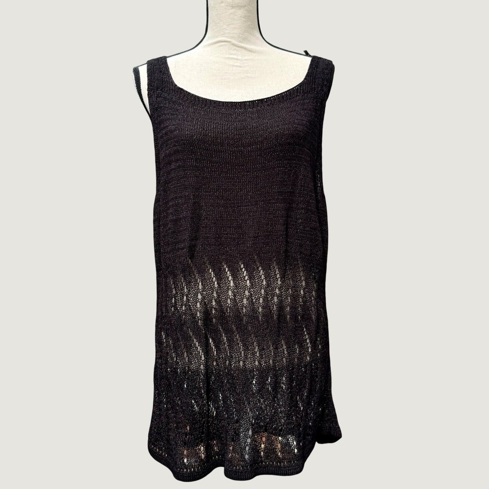 Dana Buchman Black Knit Tank Top Pointelle Hem Scoop Neck Sleeveless Large